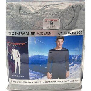 Men Thermal Long Johns Warm Underwear Set, 100% Cotton Fleece, Grey
